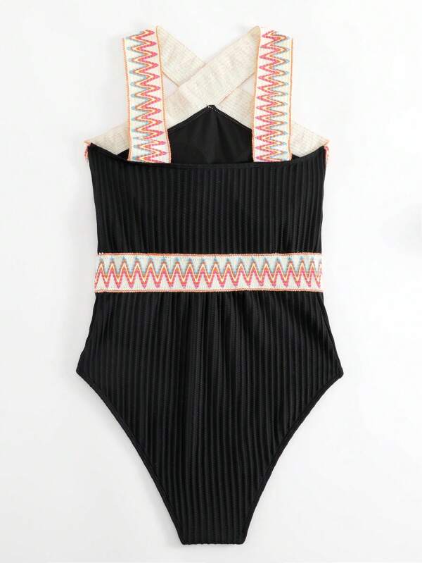 Criss-Cross Chevron Binding Ribbed Swimwear with Wireless Padded Bra Swimwear - Chuzko Women Clothing
