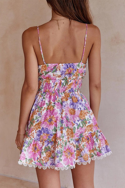 Floral A-Line Knot Ruffle Cami Mini Dress Mini Dresses - Chuzko Women Clothing