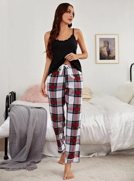 Bequemes 2-teiliges Schlafset mit kariertem Pyjama, Camisole und Hose