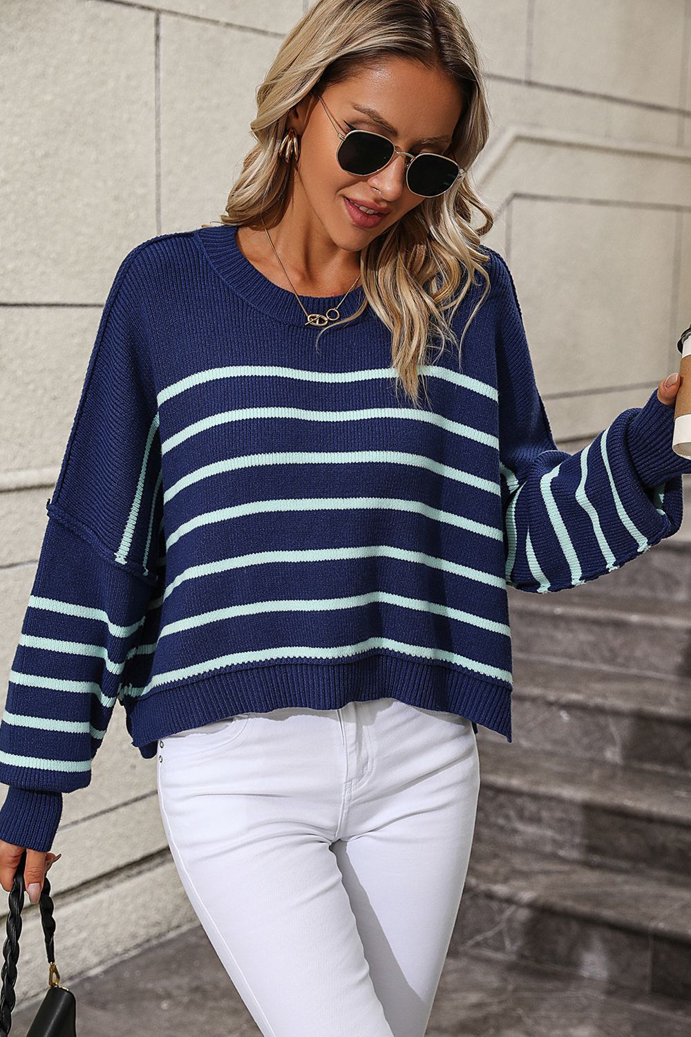 Stripe Crop Sweater - Women's Knitwear Round Ribbed Top Sweaters - Chuzko Women Clothing
