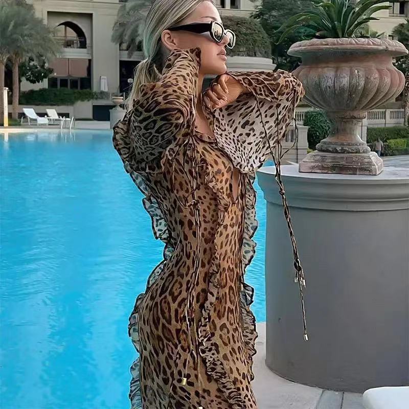 🐾👗Maxikleid mit langen Ärmeln und Schlitz im Animal-Print für Abendveranstaltungen🐾👗