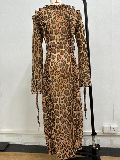 🐾👗Maxikleid mit langen Ärmeln und Schlitz im Animal-Print für Abendveranstaltungen🐾👗