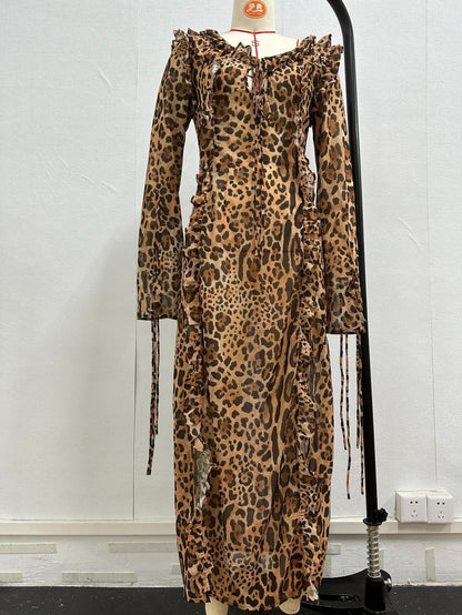 🐾👗Maxikleid mit langen Ärmeln und Schlitz im Animal-Print für Abendveranstaltungen🐾👗