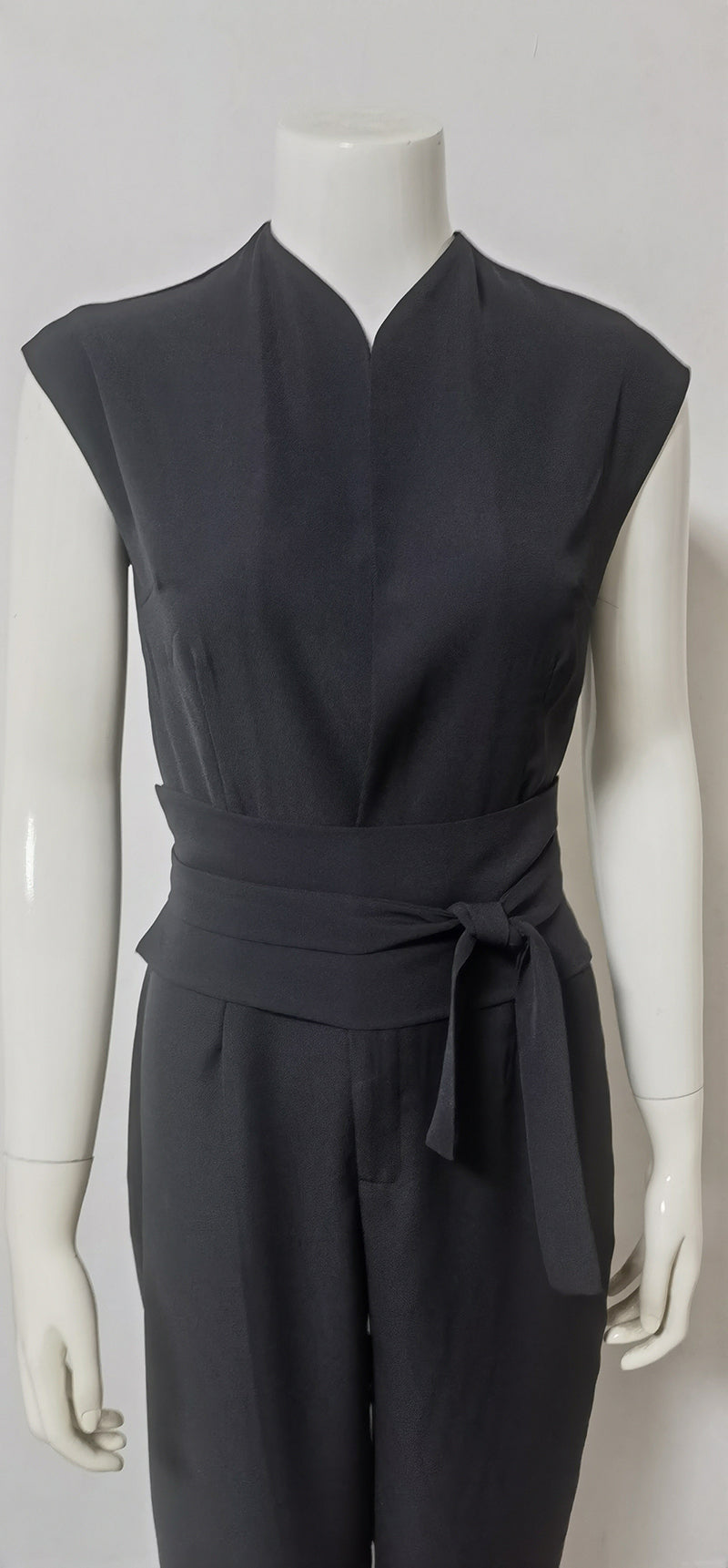 Stand Collar Wide-Leg Playsuit | Solid Sleeveless Wrap Belt Tie Jumpsuit