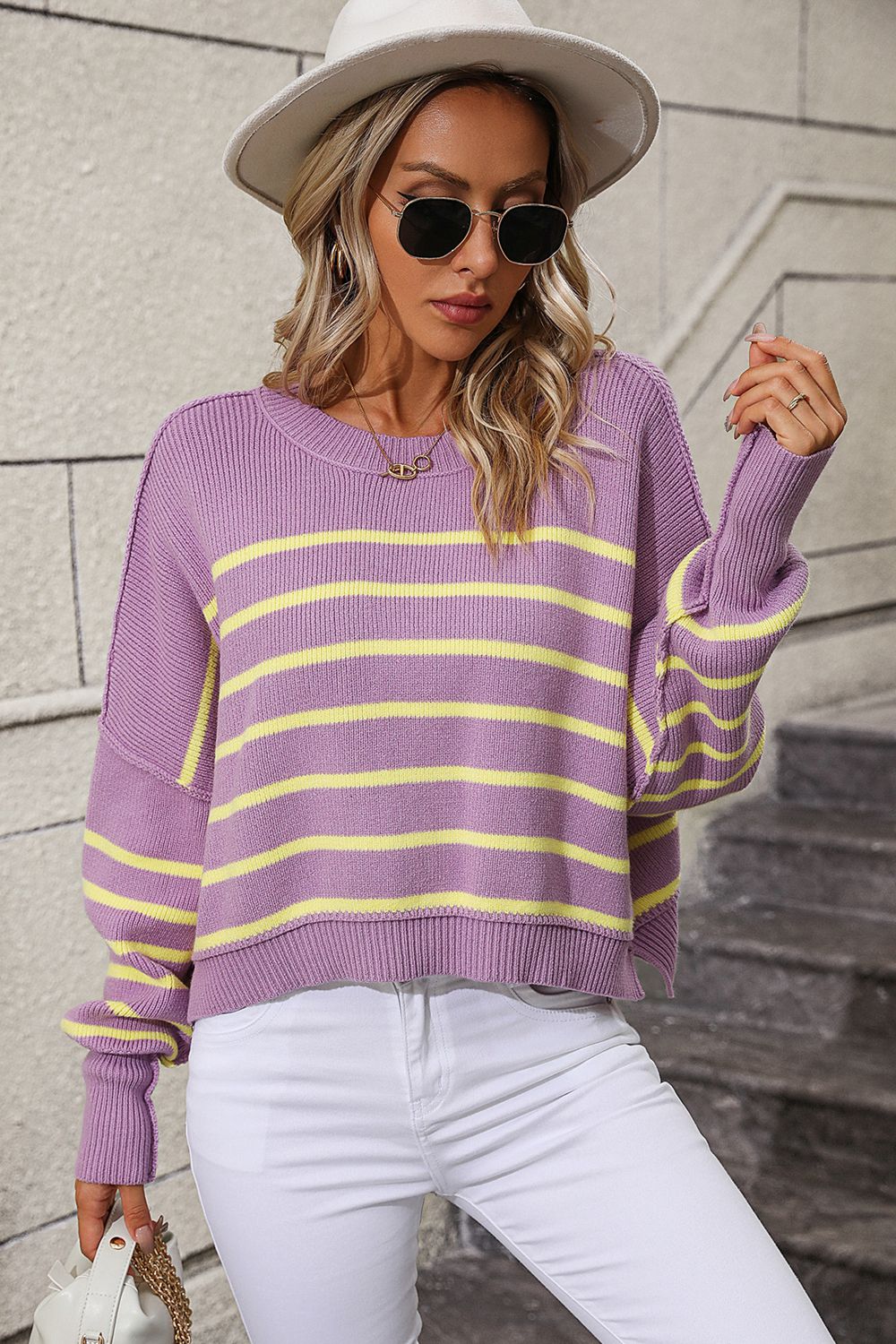 Stripe Crop Sweater - Women's Knitwear Round Ribbed Top Sweaters - Chuzko Women Clothing