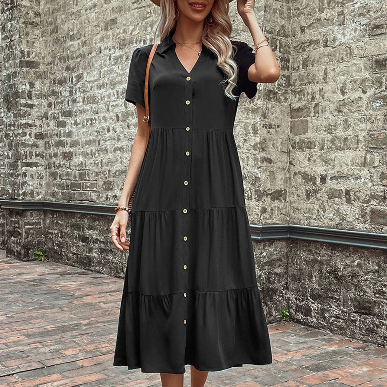 Women's Hepburn Style Midi Dress - Tiered Ruffle, Button Down Dress Midi Dresses - Chuzko Women Clothing