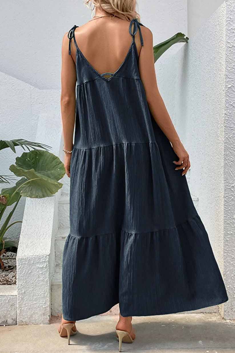Solid Tie-Shoulder Cami Tiered Maxi Dress with V Open Back Maxi Dresses - Chuzko Women Clothing
