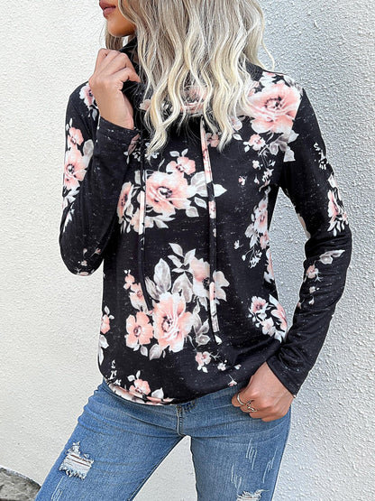 Floral Cowl Neck Sweatshirt - Adjustable Drawstring, Long Sleeve Top Sweatshirts - Chuzko Women Clothing