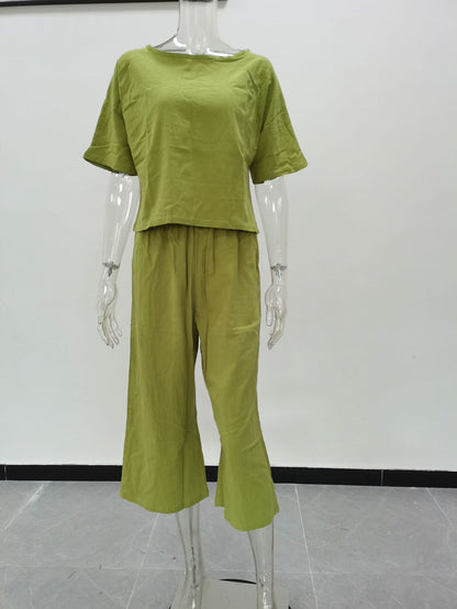 Cotton-Linen Set: Top + Culottes Trousers Set - Chuzko Women Clothing