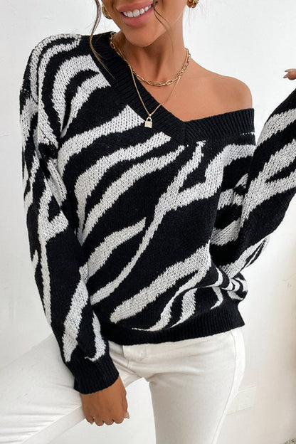 Zebra Knit V Neck Sweater Sweaters - Chuzko Women Clothing