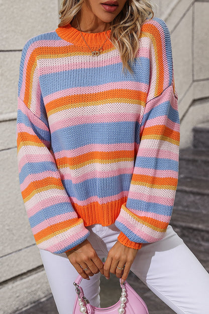 Vibrant Stripe Knit Sweater - Long Sleeve Round Neck Knitwear Sweaters - Chuzko Women Clothing