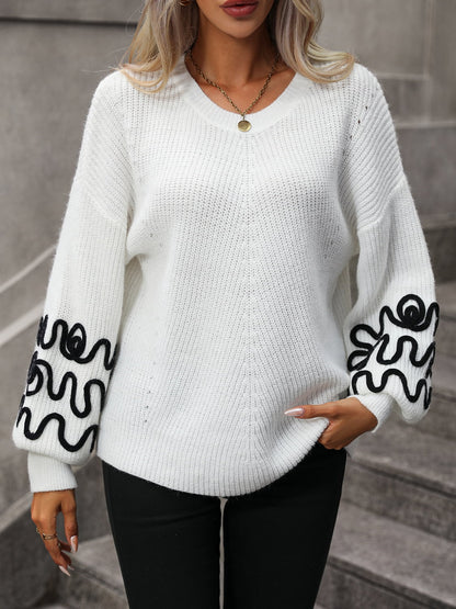 Contrast Drop Shoulder Knit Sweater - Trace Applique Knitwear Pullover Sweaters - Chuzko Women Clothing