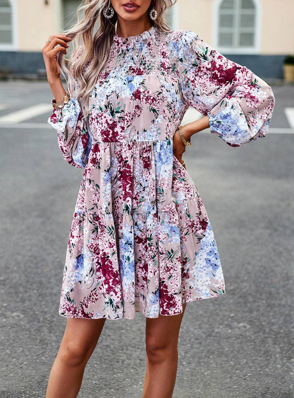 Elegant Floral Tiered Mini Dress with High Neck & Bishop Sleeves Mini Dresses - Chuzko Women Clothing