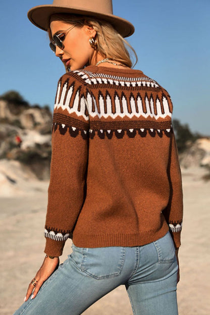 Trendy Aztec Knitwear: Women's Round Neck Sweater Sweaters - Chuzko Women Clothing