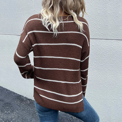 Stripe V Neck Textured Sweater with Pocket - Women's Knit Top Sweaters - Chuzko Women Clothing