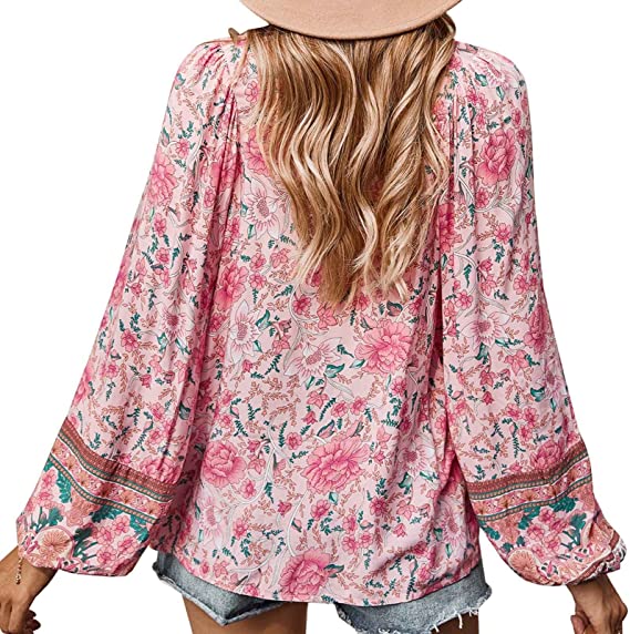 Floral Boto Tie Front V Neck Tunic Top Top - Chuzko Women Clothing
