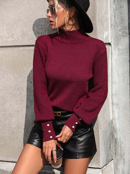Elegant Beaded Turtleneck Sweater - Contrast Knit Sleeves Pullover Sweaters - Chuzko Women Clothing