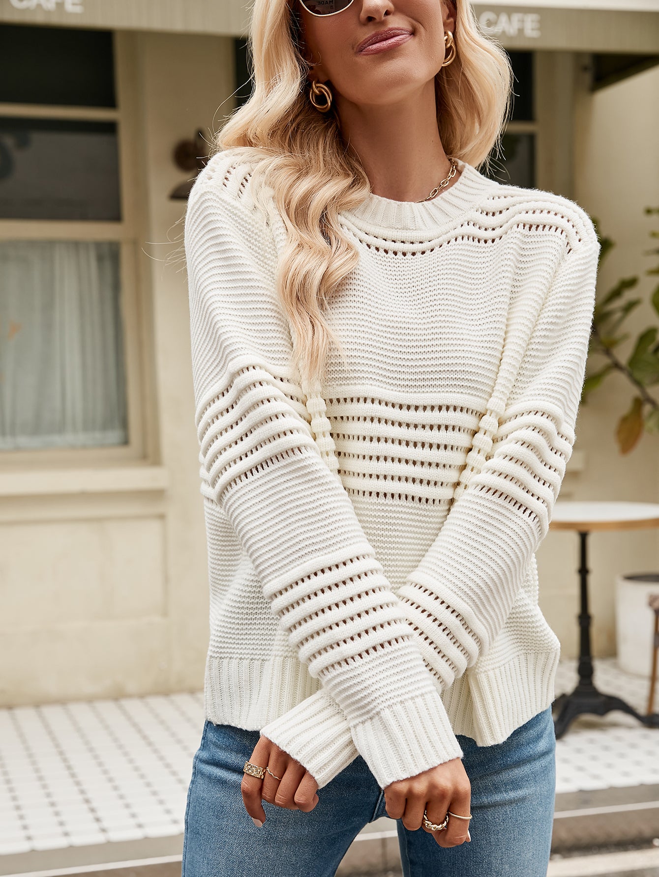 Charming Eyelet Accents Sweater - Women's Round Neck Knitted Pullover Sweaters - Chuzko Women Clothing