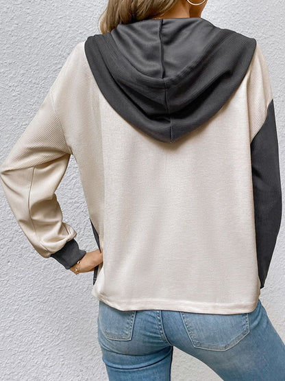 Trendy Women's Hoodie - Colorblock & Half Button Sweatshirt Hoodies - Chuzko Women Clothing