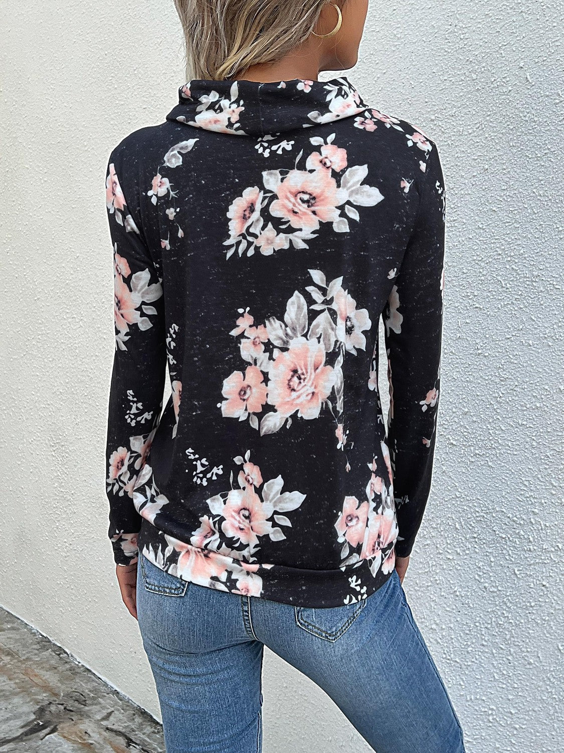 Floral Cowl Neck Sweatshirt - Adjustable Drawstring, Long Sleeve Top Sweatshirts - Chuzko Women Clothing