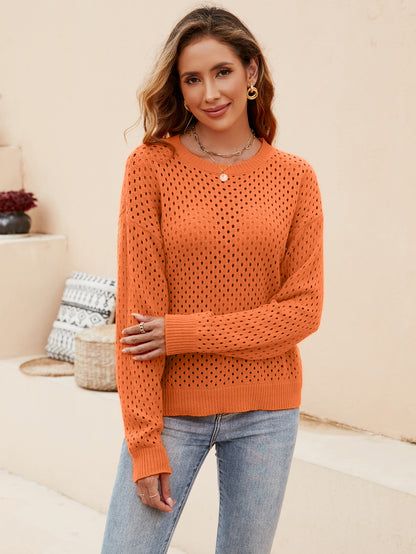 Women's Cotton Eyelet Sweater -  Round Neck Knitwear Pullover Sweaters - Chuzko Women Clothing