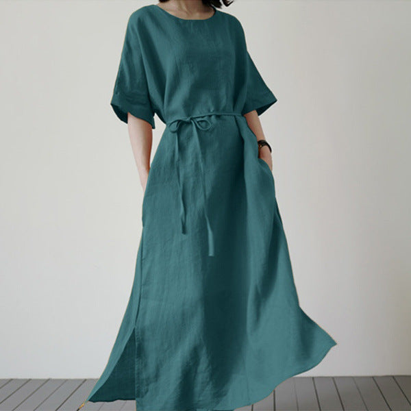 Robe longue tunique en coton et lin uni