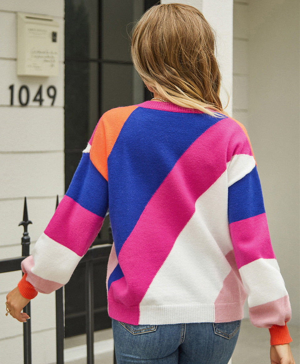 Knitted Patchwork Colorblock Round Neck Sweater Sweaters - Chuzko Women Clothing