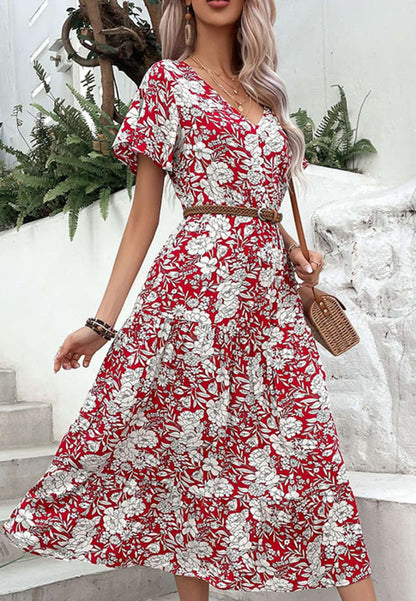 Elegant V Neck Midi Dress with Romantic Floral Print & Button Front Midi Dresses - Chuzko Women Clothing