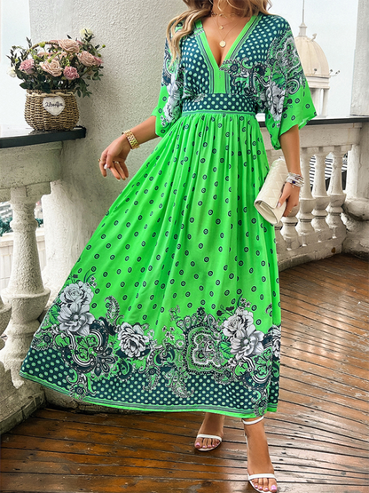 A-Line Dresses- Boho Roses Print A-Line Dress with Flowy Kimono Sleeves & Bowknot Back- Green- Chuzko Women Clothing