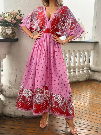 A-Line Dresses- Boho Roses Print A-Line Dress with Flowy Kimono Sleeves & Bowknot Back- Pink- Chuzko Women Clothing