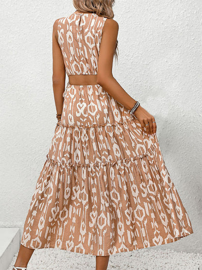 Summer Sleeveless Brown Print Tiered Ruffle A-Line Dress for Women