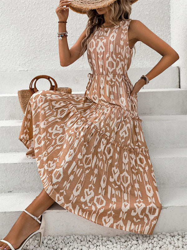 Summer Sleeveless Brown Print Tiered Ruffle A-Line Dress for Women