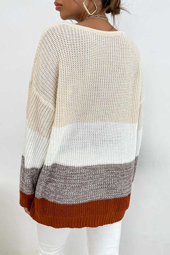Colorblock Knit Sweater - Pullover with Drop Shoulders, Ribbed Finish Sweaters - Chuzko Women Clothing