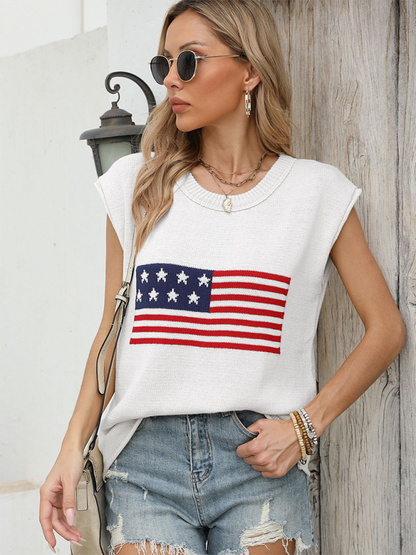 American Sweaters- Women's Patriotic Sleeveless Knit Sweater- White- Chuzko Women Clothing