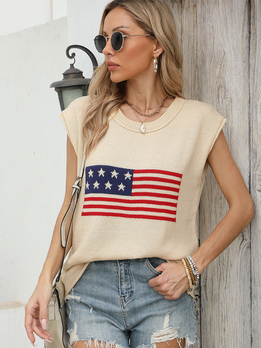 American Sweaters- Women's Patriotic Sleeveless Knit Sweater- Cracker khaki- Chuzko Women Clothing