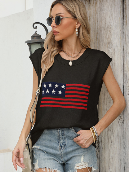 American Sweaters- Women's Patriotic Sleeveless Knit Sweater- Black- Chuzko Women Clothing