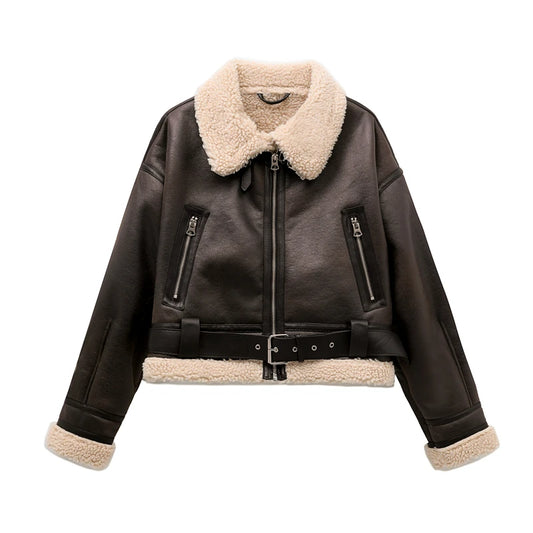 Women Faux Leather Aviator Jacket with Sherpa Lining