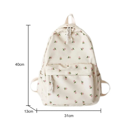 Backpack- Floral Print School Bag Backpack with Multiple Pockets- Beige Floral Print- Chuzko Women Clothing