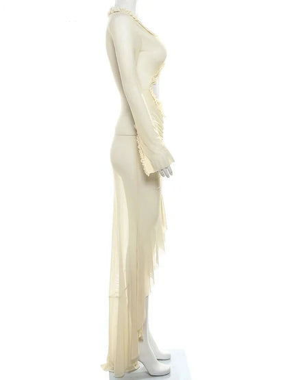 Beach Dresses- Runway Sheer High-Low Mermaid Dress with Frill & Ruffle- - Chuzko Women Clothing