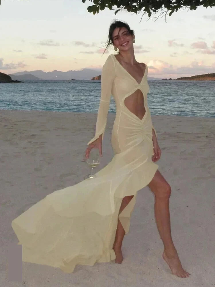 Beach Dresses- Runway Sheer High-Low Mermaid Dress with Frill & Ruffle- - Chuzko Women Clothing