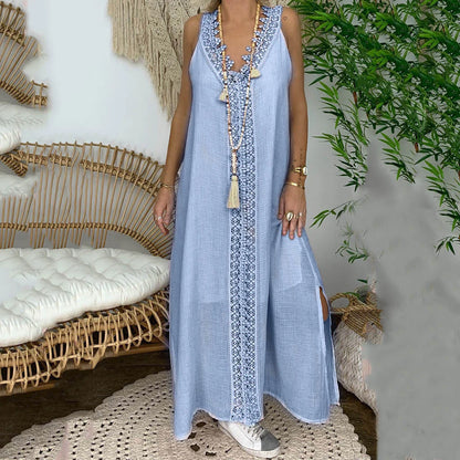 Beach Dresses- V-Neck Lace Detailed Maxi Dress for Summer Splendor- Blue- Chuzko Women Clothing