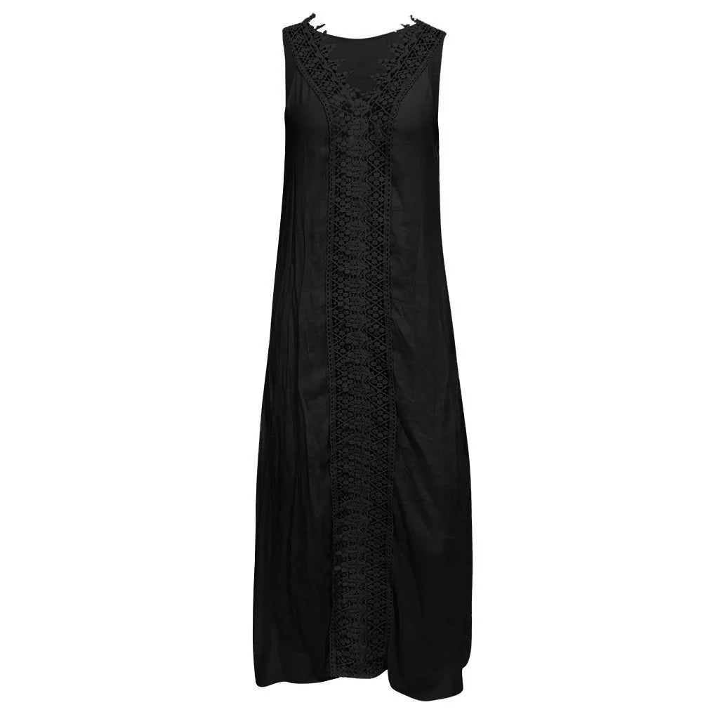 Beach Dresses- V-Neck Lace Detailed Maxi Dress for Summer Splendor- - Chuzko Women Clothing