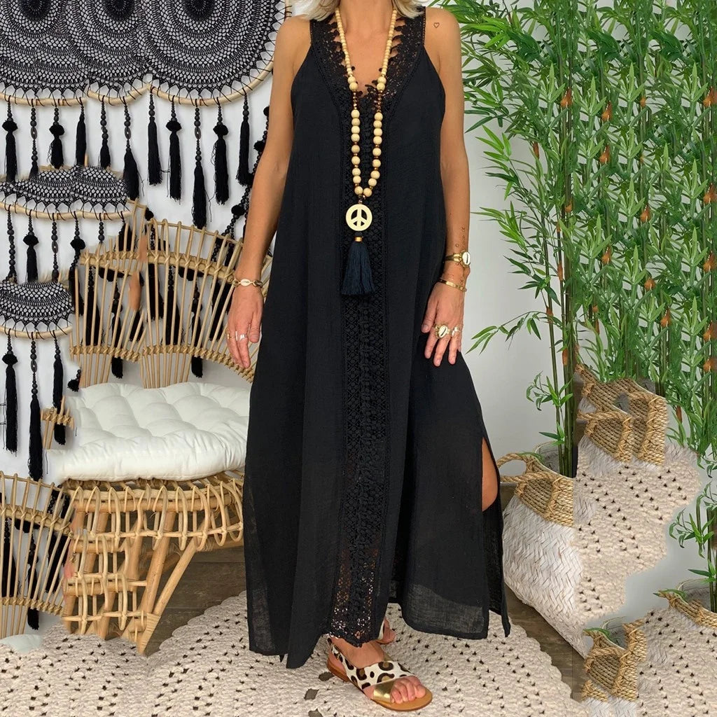 Beach Dresses- V-Neck Lace Detailed Maxi Dress for Summer Splendor- - Chuzko Women Clothing