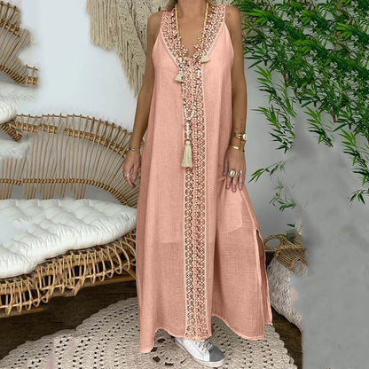 Beach Dresses- V-Neck Lace Detailed Maxi Dress for Summer Splendor- Pink- Chuzko Women Clothing