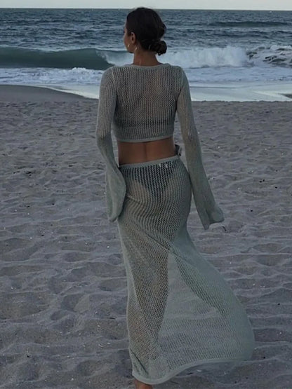 Beach Outfits- Women Wrap Knit Top & Skirt Beach Cover-Up Set- - Chuzko Women Clothing