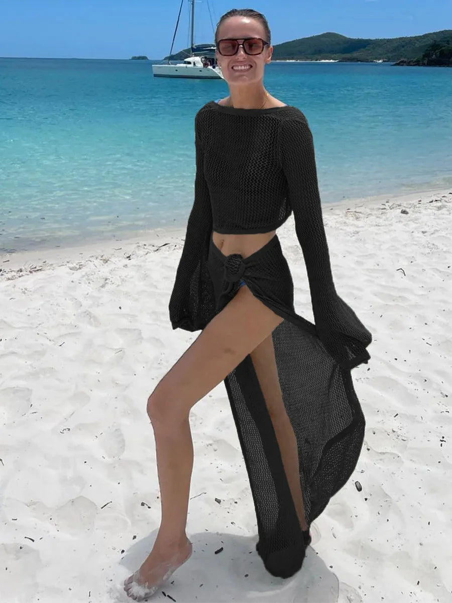 Beach Outfits- Women Wrap Knit Top & Skirt Beach Cover-Up Set- black- Chuzko Women Clothing