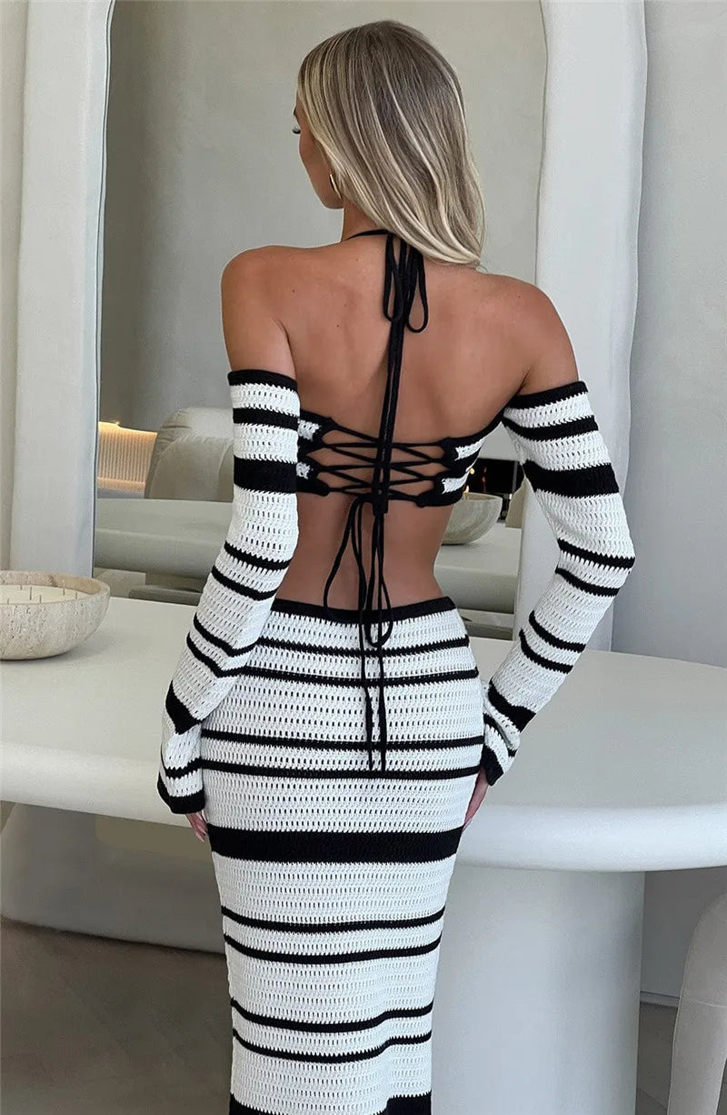 Beach Party Outfits- Striped Two-Piece Beach Party Outfit with Cold-Shoulder Top- - Chuzko Women Clothing