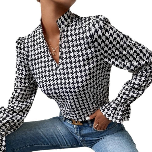 Business Women's Houndstooth Bishop Sleeve Shirt Blouse
