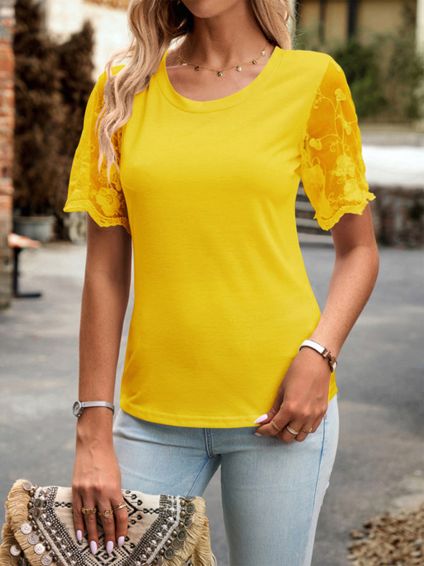 Blouses- Crew Neck Blouse T-Shirt with Lace Sleeves for Women- Yellow- Chuzko Women Clothing