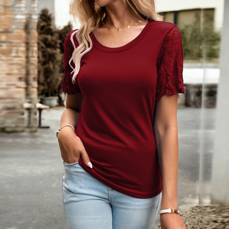 Blouses- Crew Neck Blouse T-Shirt with Lace Sleeves for Women- Wine Red- Chuzko Women Clothing